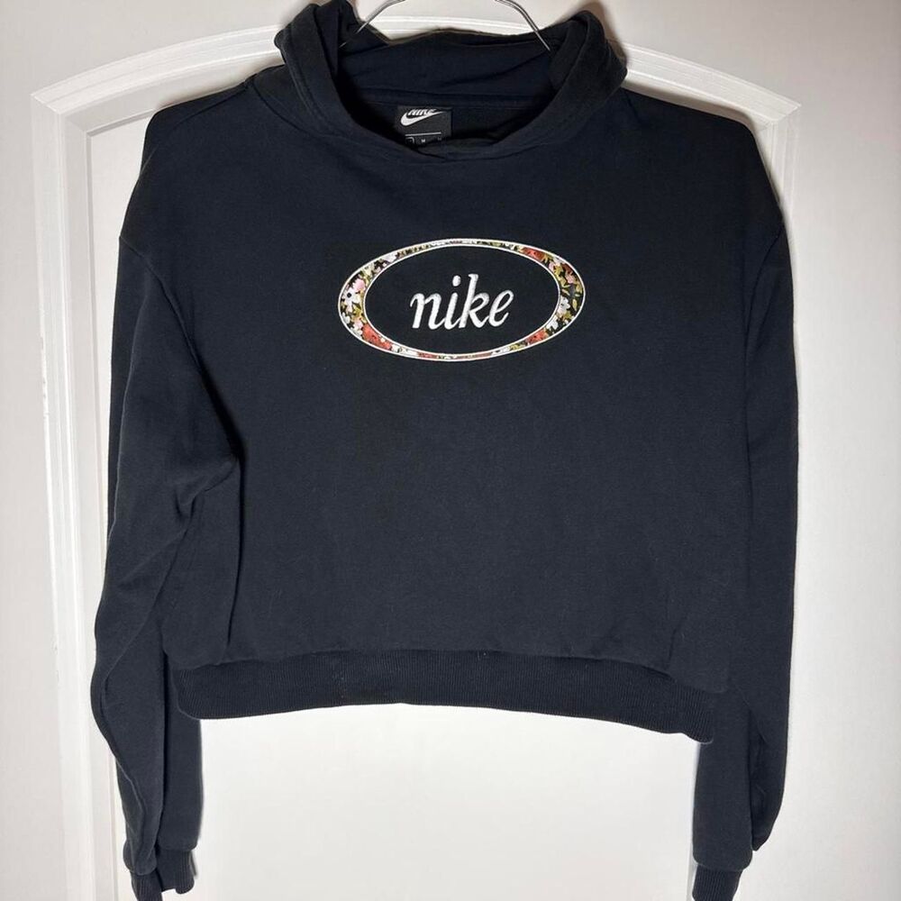 Nike Women's Black Floral Logo Cropped Hoodie Size Medium